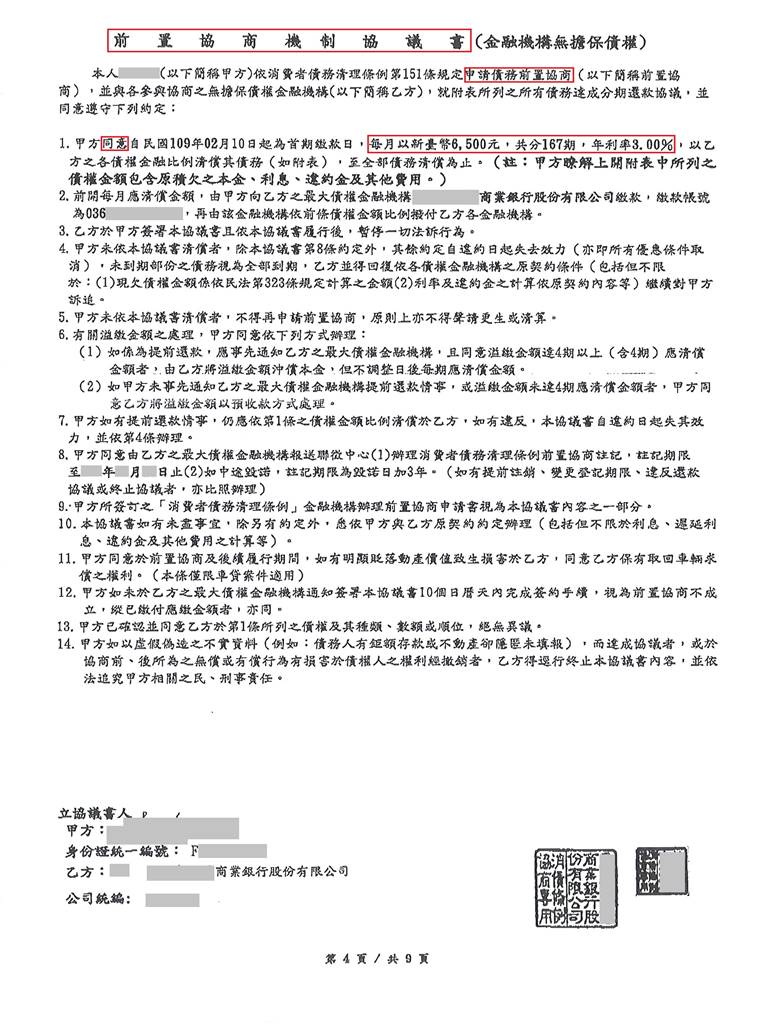 銀行前置協商|前置協商流程|債務整合協商|星展銀行債務協商核准167期利息減免至3%月繳7000元