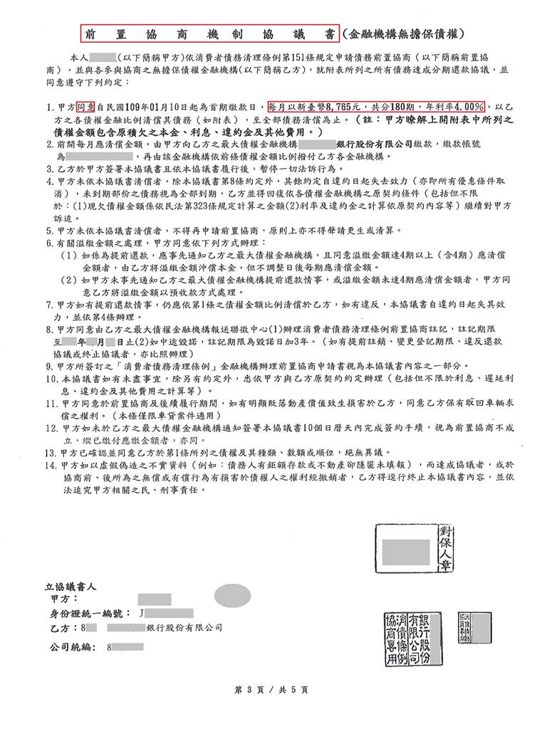 銀行前置協商|前置協商流程|債務整合協商|元大銀行前置協商核准180期4%月繳8765元