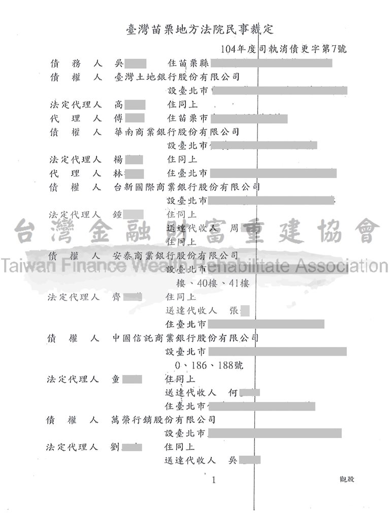 債務更生|更生清算|更生免費諮詢|苗栗地院債務更生成功案例，總債務約419萬，裁定打折僅還款約一成|台灣金融財富重建協會
