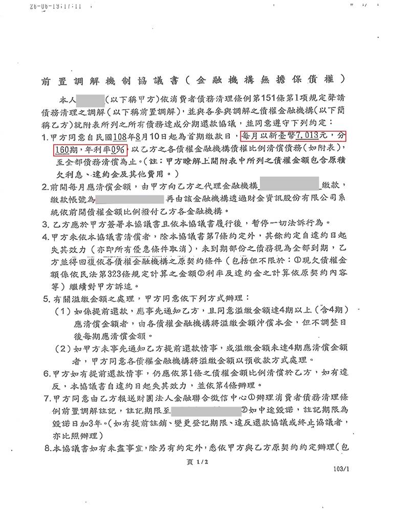 債務前置協商|消費者債務清理條例|卡債銀行協商|凱基商業銀行債務協商核准160期0%月繳7013元