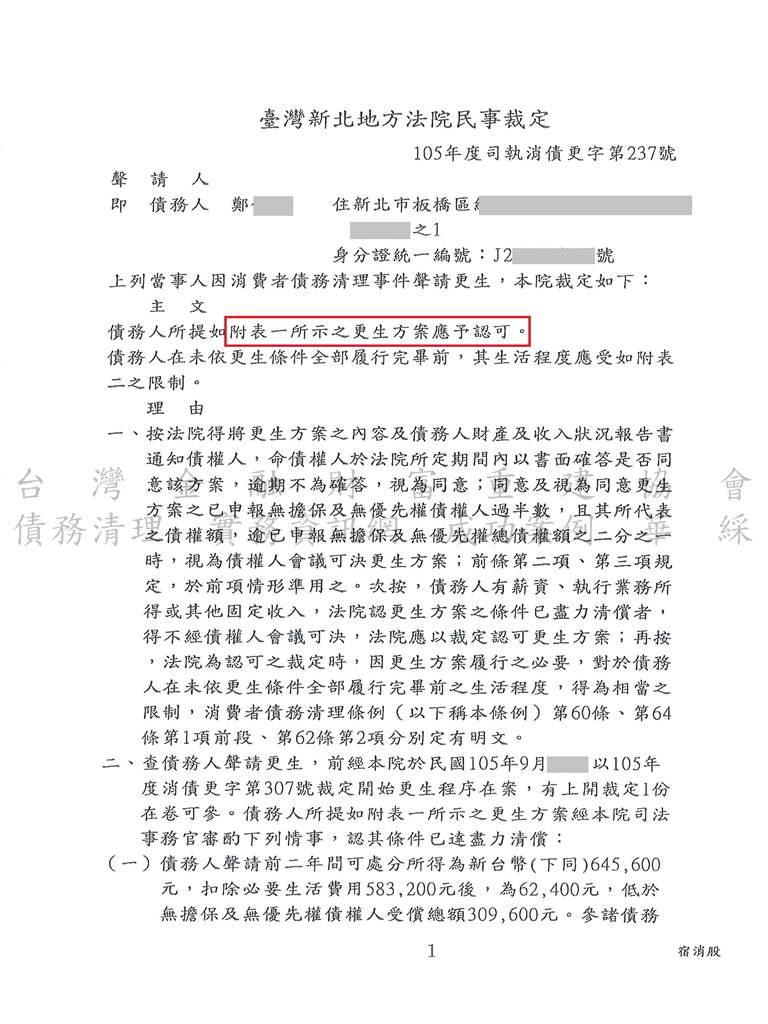 更生程序|更生條件|更生協商|新北地院債務更生成功，總債務約380萬僅還約31萬