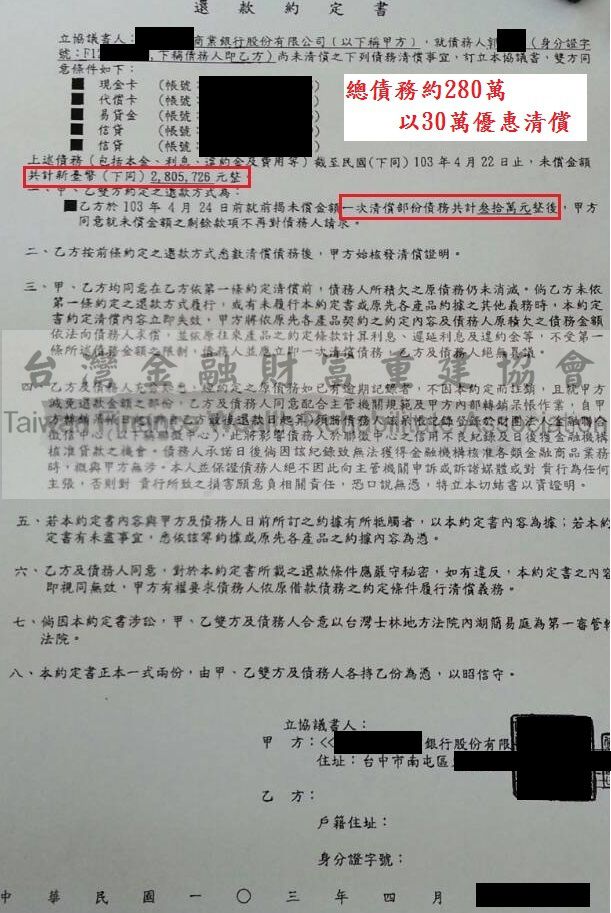 債務協商|銀行債務協商|協商整合|台新銀行債務打折成功，欠款280萬以30萬優惠清償