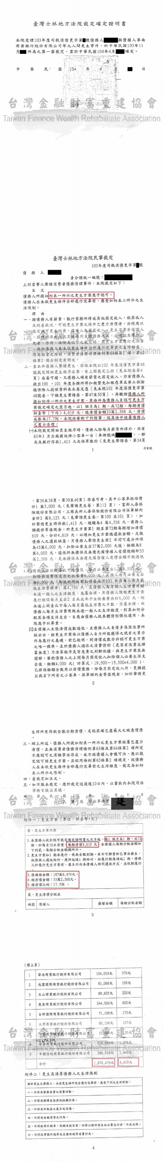 更生程序|更生條件|更生協商|台北士林地院更生裁定總債務187萬以33萬還款，減免154萬的負債壓力