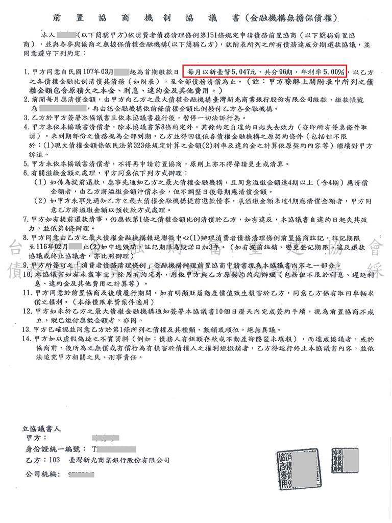 銀行前置協商|前置協商流程|債務整合協商|新光銀行債務前置協商96期5%月繳5047元