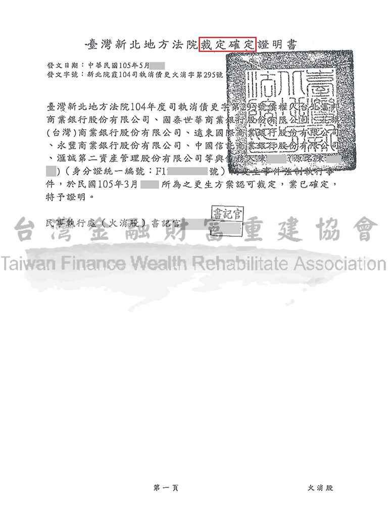 卡債更生|更生免費諮詢|更生協商|新北地院債務更生成功裁定總債務432萬以53萬的金額分72期還款清償