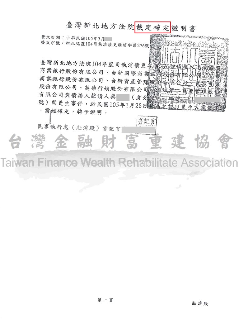 卡債更生|更生免費諮詢|更生協商|新北地院債務更生裁定總債務482萬，減免至57萬分72期還款