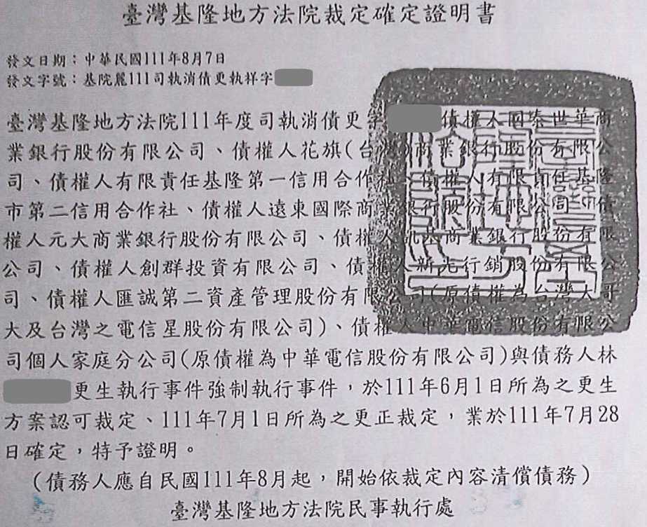 更生免費諮詢|更生協商|卡債更生|基隆地院債務更生成功核准，總債務約270萬，僅償還約15萬