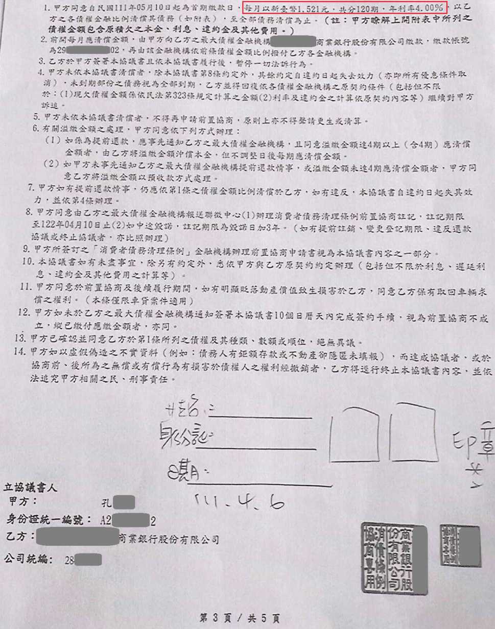 銀行前置協商|前置協商流程|債務整合協商|花旗銀行債務協商機制核准120期利率4%月繳1521元