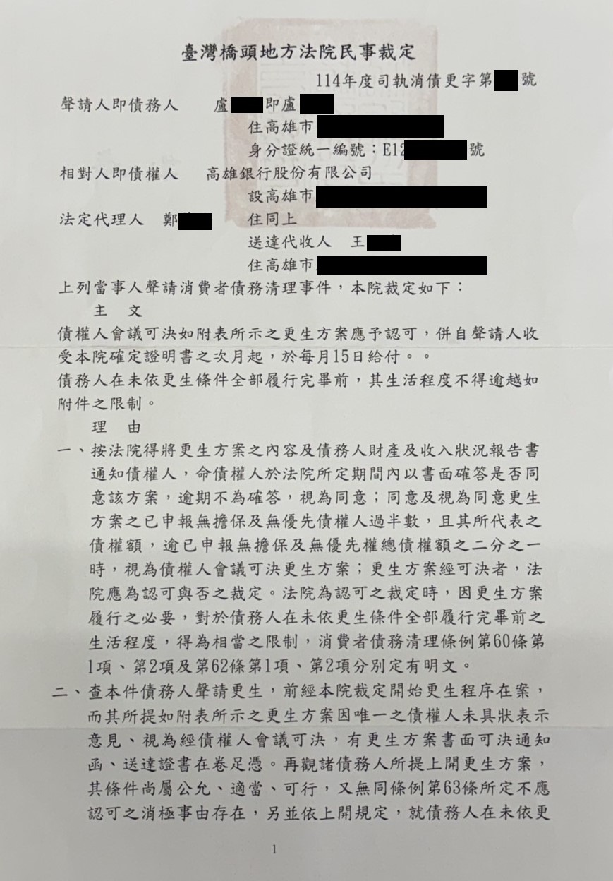 更生條件|法院更生|債務更生|橋頭地院債務更生成功核准，總債務約461萬，僅償還約28.9萬